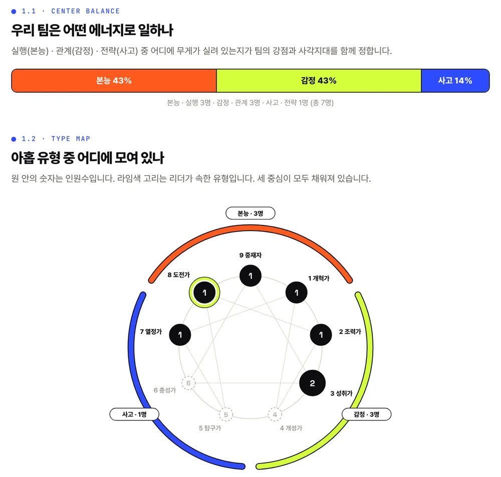팀 리포트 페이지: 세 중심의 분포 막대와 아홉 유형 팀 지도